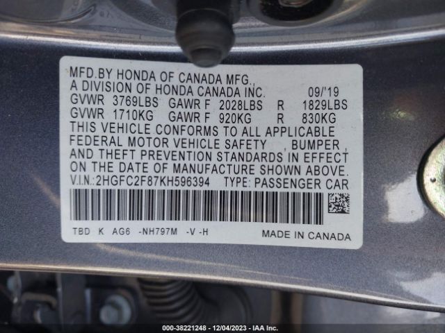 Photo 8 VIN: 2HGFC2F87KH596394 - HONDA CIVIC 