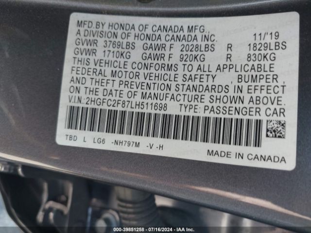 Photo 8 VIN: 2HGFC2F87LH511698 - HONDA CIVIC 