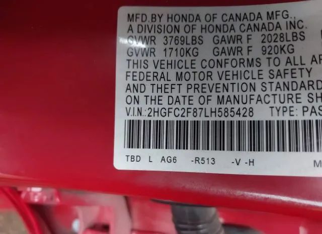 Photo 8 VIN: 2HGFC2F87LH585428 - HONDA CIVIC 