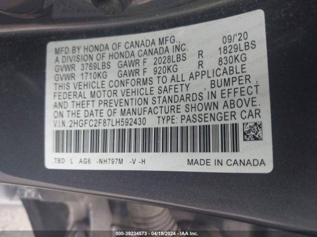 Photo 8 VIN: 2HGFC2F87LH592430 - HONDA CIVIC 