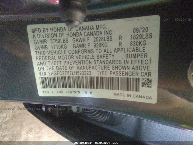 Photo 8 VIN: 2HGFC2F87LH593223 - HONDA CIVIC SEDAN 