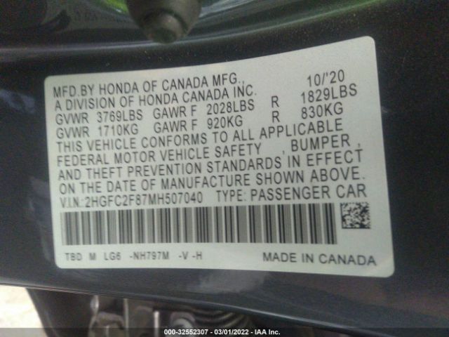 Photo 8 VIN: 2HGFC2F87MH507040 - HONDA CIVIC SEDAN 