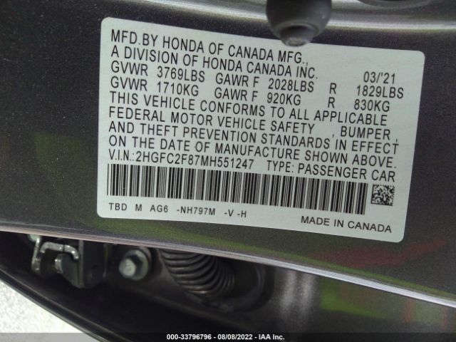 Photo 8 VIN: 2HGFC2F87MH551247 - HONDA CIVIC SEDAN 