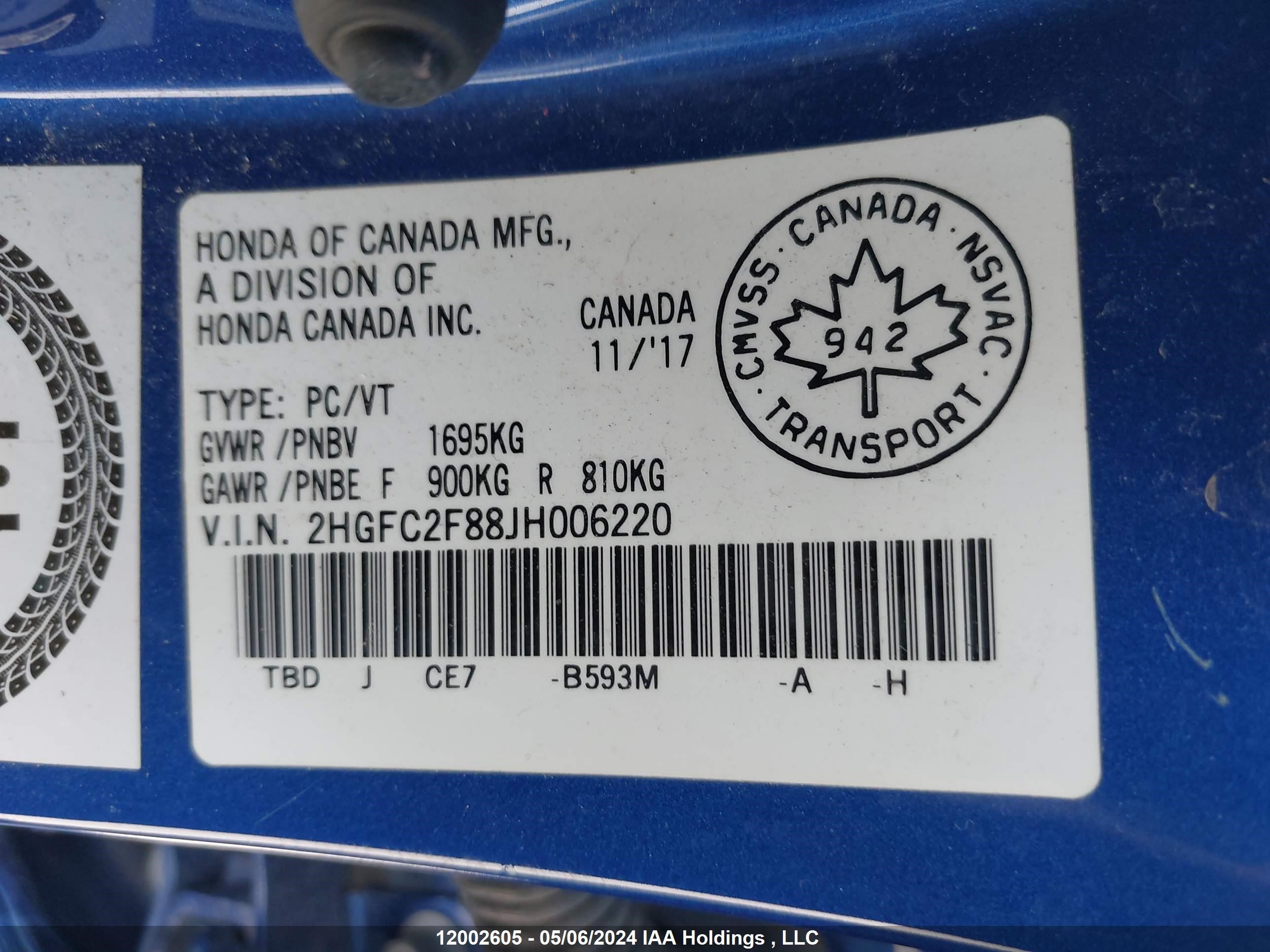 Photo 8 VIN: 2HGFC2F88JH006220 - HONDA CIVIC 