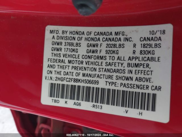 Photo 8 VIN: 2HGFC2F88KH506699 - HONDA CIVIC 