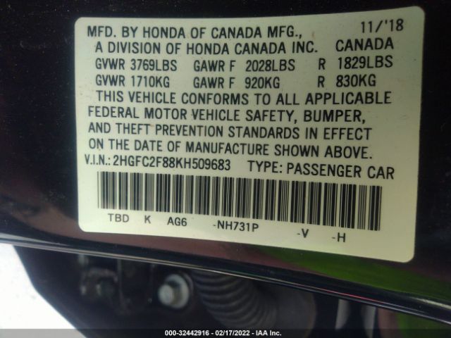 Photo 8 VIN: 2HGFC2F88KH509683 - HONDA CIVIC SEDAN 