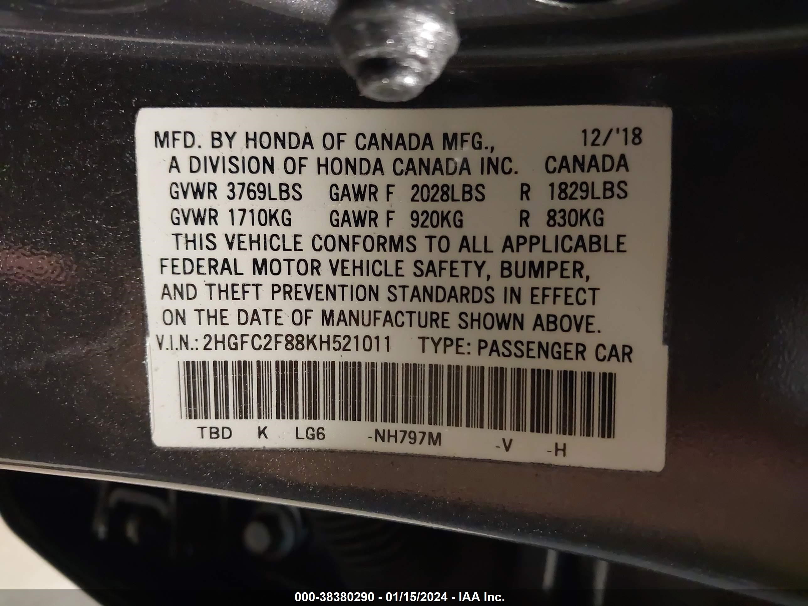 Photo 8 VIN: 2HGFC2F88KH521011 - HONDA CIVIC 