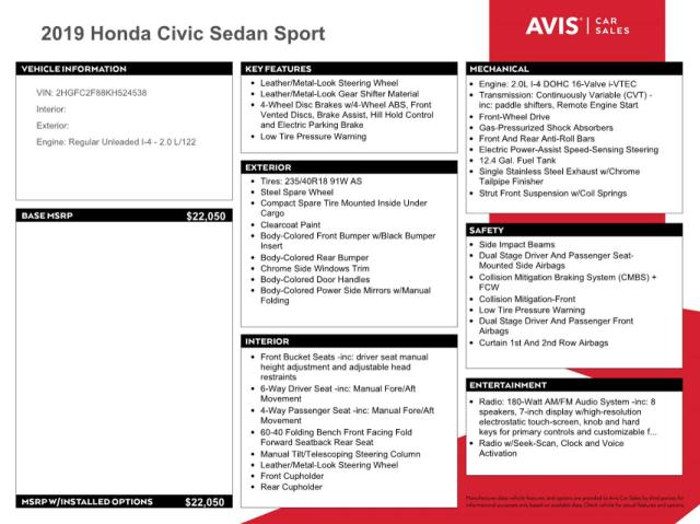 Photo 11 VIN: 2HGFC2F88KH524538 - HONDA CIVIC SPOR 