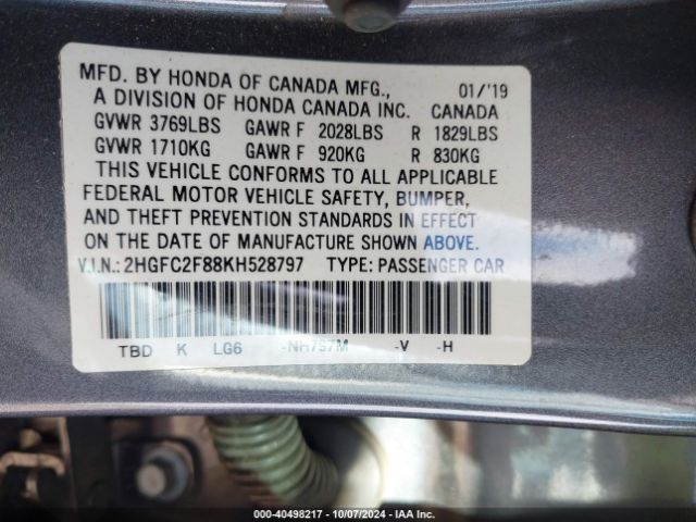 Photo 8 VIN: 2HGFC2F88KH528797 - HONDA CIVIC 