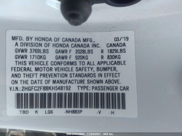 Photo 8 VIN: 2HGFC2F88KH548192 - HONDA CIVIC SEDAN 