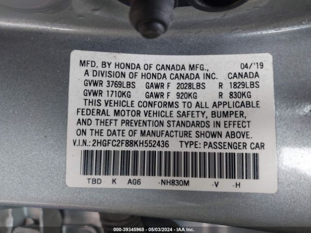 Photo 8 VIN: 2HGFC2F88KH552436 - HONDA CIVIC 