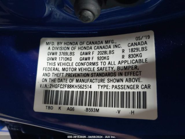 Photo 8 VIN: 2HGFC2F88KH562514 - HONDA CIVIC 