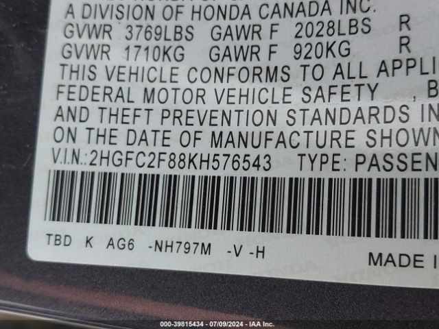 Photo 8 VIN: 2HGFC2F88KH576543 - HONDA CIVIC 