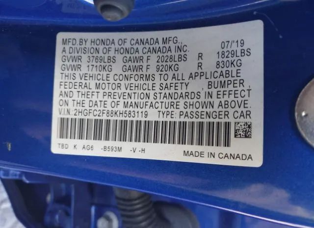 Photo 8 VIN: 2HGFC2F88KH583119 - HONDA CIVIC 