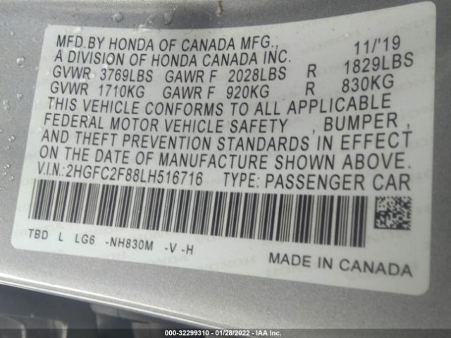 Photo 8 VIN: 2HGFC2F88LH516716 - HONDA CIVIC SEDAN 