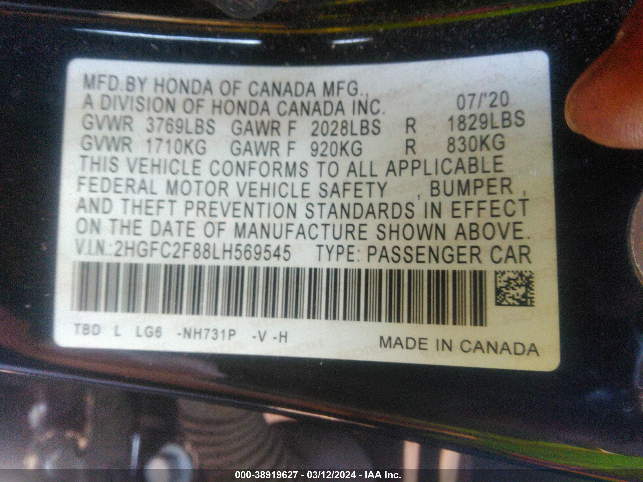 Photo 8 VIN: 2HGFC2F88LH569545 - HONDA CIVIC 