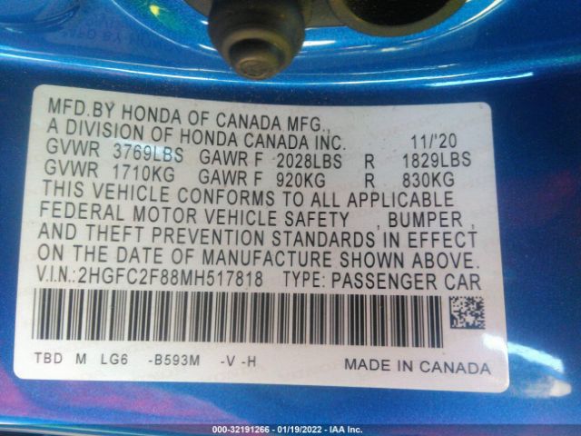 Photo 8 VIN: 2HGFC2F88MH517818 - HONDA CIVIC SEDAN 