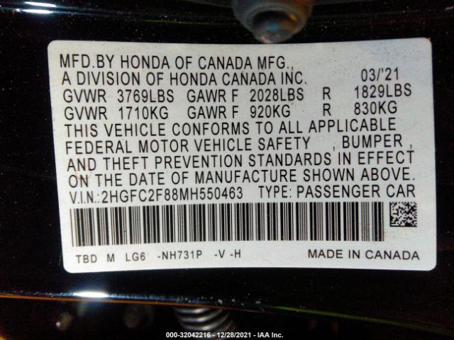 Photo 8 VIN: 2HGFC2F88MH550463 - HONDA CIVIC SEDAN 