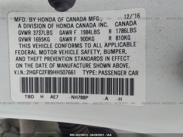 Photo 8 VIN: 2HGFC2F89HH507661 - HONDA CIVIC SEDAN 