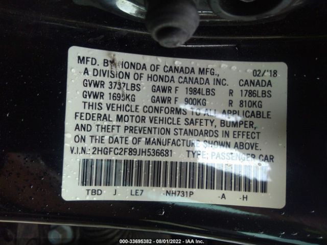 Photo 8 VIN: 2HGFC2F89JH536681 - HONDA CIVIC SEDAN 