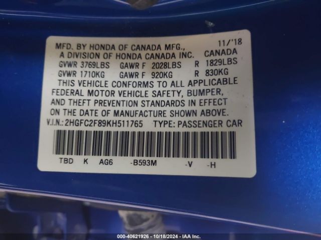 Photo 8 VIN: 2HGFC2F89KH511765 - HONDA CIVIC 