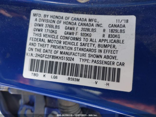 Photo 8 VIN: 2HGFC2F89KH515024 - HONDA CIVIC 