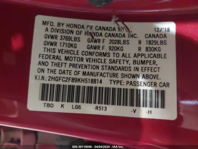 Photo 8 VIN: 2HGFC2F89KH518814 - HONDA CIVIC 