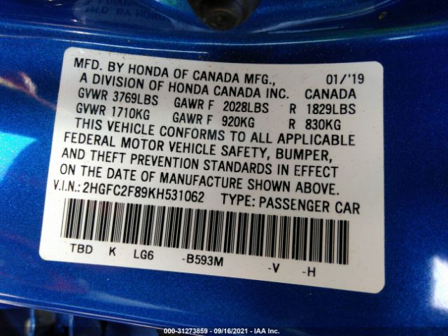 Photo 8 VIN: 2HGFC2F89KH531062 - HONDA CIVIC SEDAN 