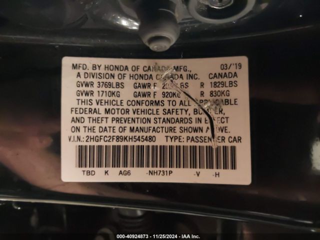 Photo 8 VIN: 2HGFC2F89KH545480 - HONDA CIVIC 