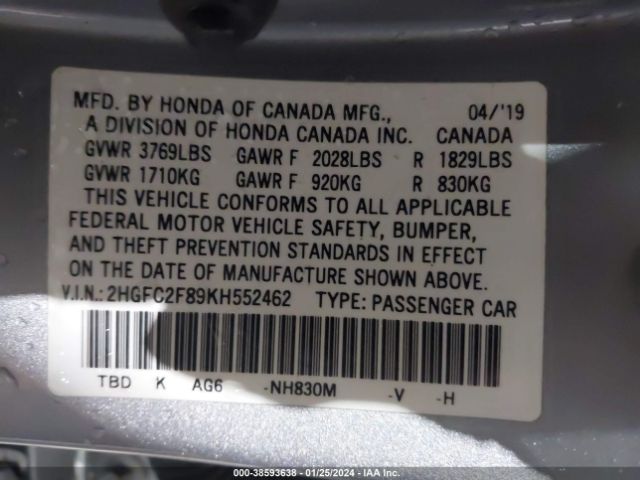 Photo 8 VIN: 2HGFC2F89KH552462 - HONDA CIVIC 