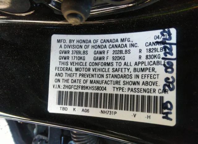 Photo 8 VIN: 2HGFC2F89KH558004 - HONDA CIVIC SEDAN 