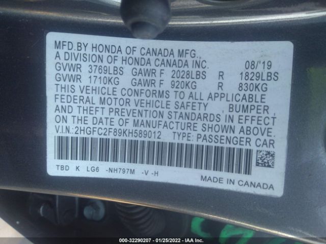 Photo 8 VIN: 2HGFC2F89KH589012 - HONDA CIVIC SEDAN 