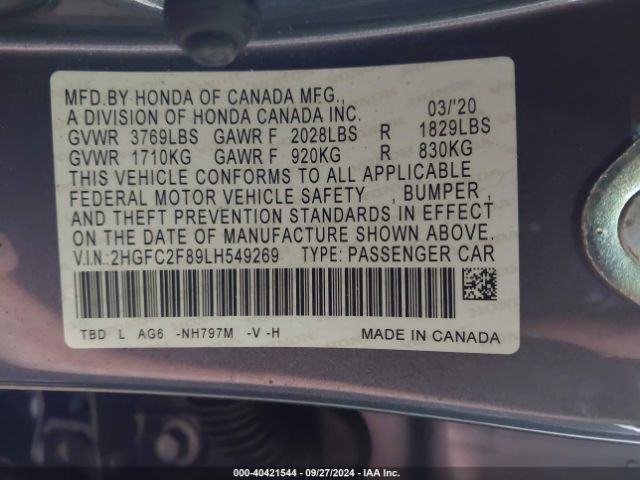 Photo 8 VIN: 2HGFC2F89LH549269 - HONDA CIVIC 