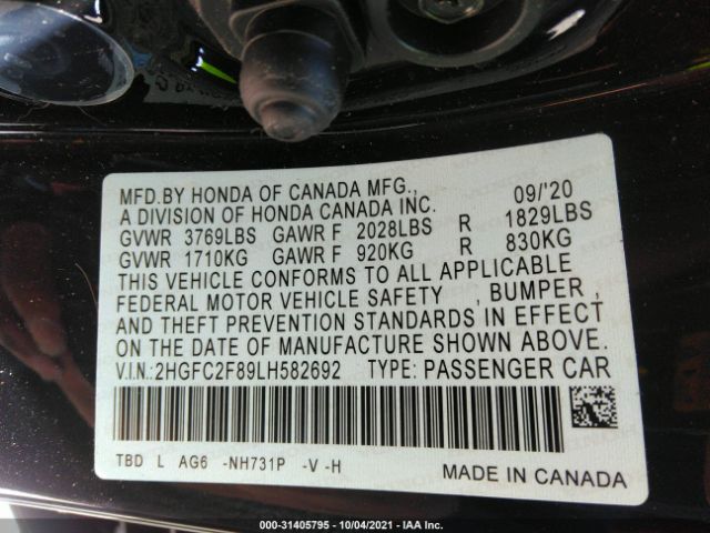 Photo 8 VIN: 2HGFC2F89LH582692 - HONDA CIVIC SEDAN 