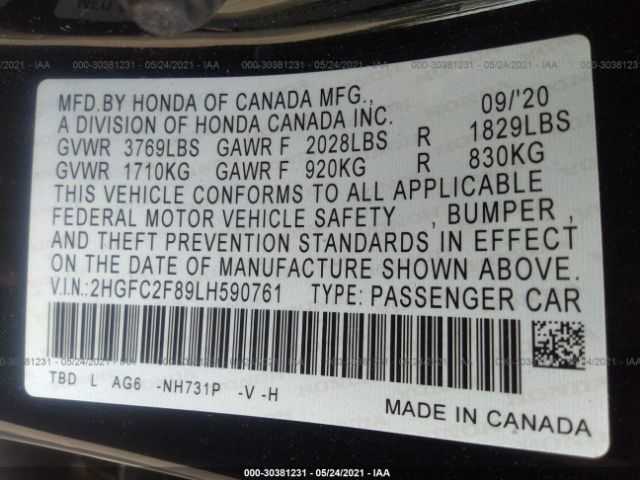 Photo 8 VIN: 2HGFC2F89LH590761 - HONDA CIVIC SEDAN 