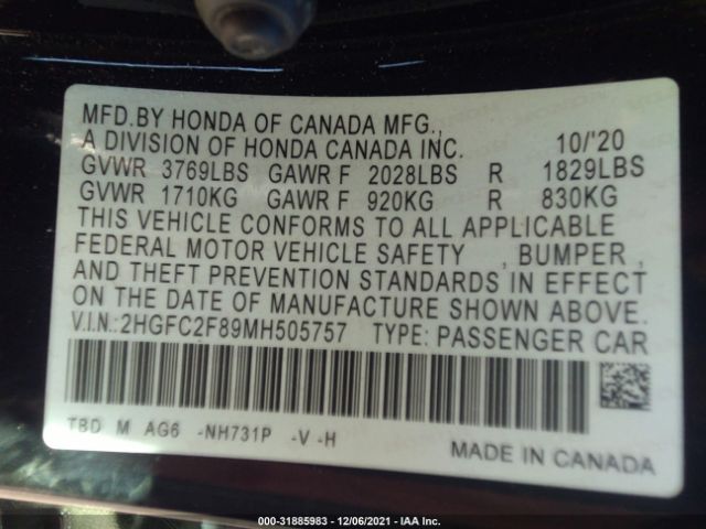 Photo 8 VIN: 2HGFC2F89MH505757 - HONDA CIVIC SEDAN 