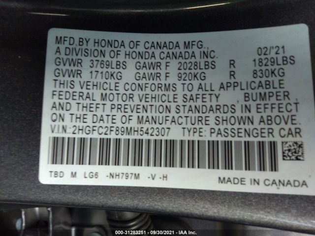 Photo 8 VIN: 2HGFC2F89MH542307 - HONDA CIVIC SEDAN 