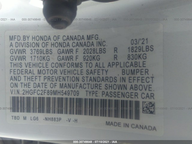 Photo 8 VIN: 2HGFC2F89MH549709 - HONDA CIVIC SEDAN 