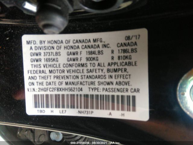 Photo 8 VIN: 2HGFC2F8XHH562104 - HONDA CIVIC SEDAN 