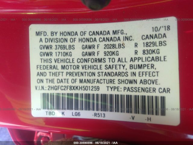 Photo 8 VIN: 2HGFC2F8XKH501259 - HONDA CIVIC SEDAN 