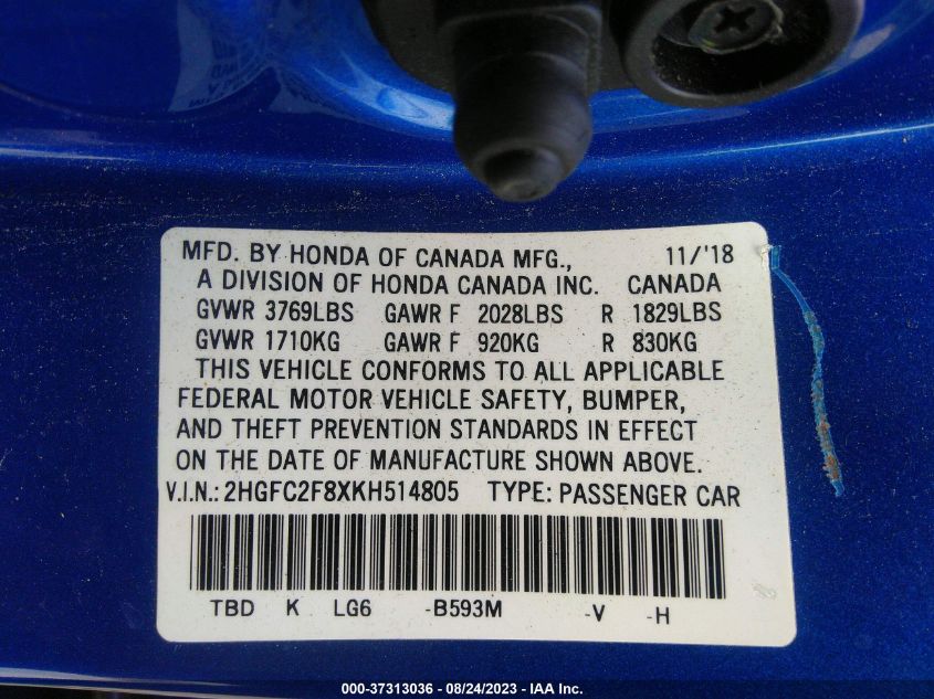 Photo 8 VIN: 2HGFC2F8XKH514805 - HONDA CIVIC 