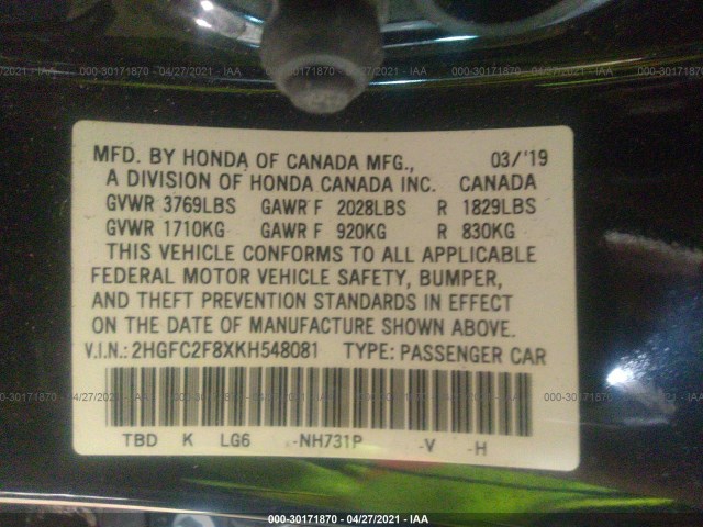 Photo 8 VIN: 2HGFC2F8XKH548081 - HONDA CIVIC SEDAN 