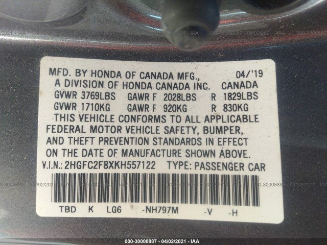 Photo 8 VIN: 2HGFC2F8XKH557122 - HONDA CIVIC SEDAN 