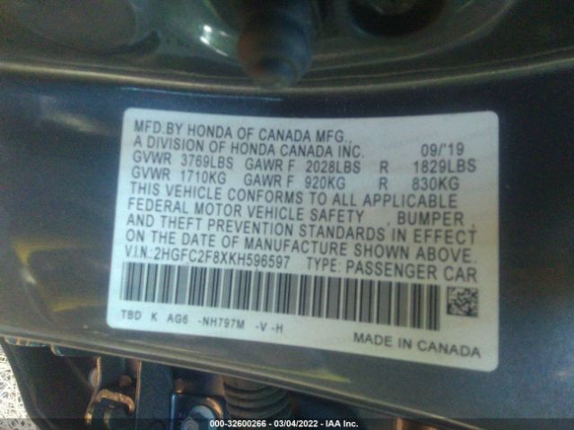 Photo 8 VIN: 2HGFC2F8XKH596597 - HONDA CIVIC SEDAN 