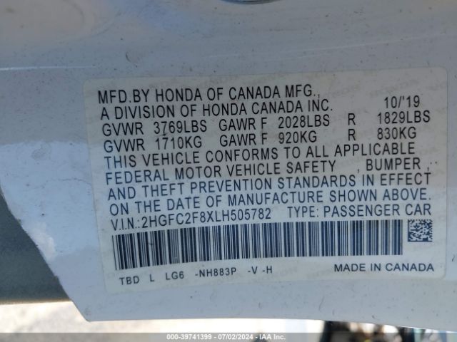 Photo 8 VIN: 2HGFC2F8XLH505782 - HONDA CIVIC 