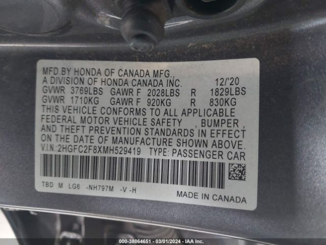 Photo 8 VIN: 2HGFC2F8XMH529419 - HONDA CIVIC 