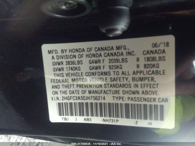 Photo 8 VIN: 2HGFC3A50JH756214 - HONDA CIVIC SI COUPE 