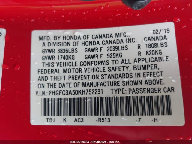 Photo 8 VIN: 2HGFC3A50KH752231 - HONDA CIVIC SI 