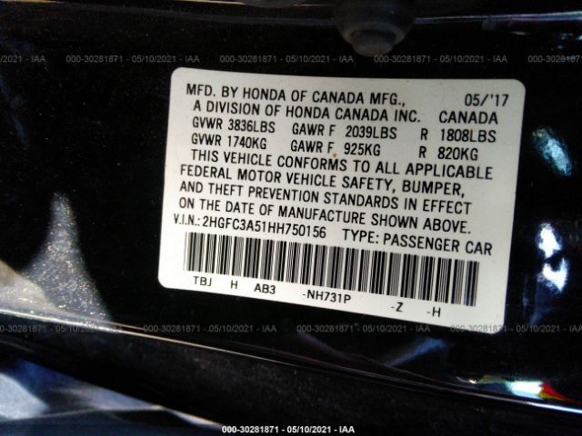 Photo 8 VIN: 2HGFC3A51HH750156 - HONDA CIVIC COUPE 