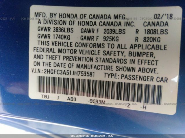 Photo 8 VIN: 2HGFC3A51JH753581 - HONDA CIVIC SI COUPE 